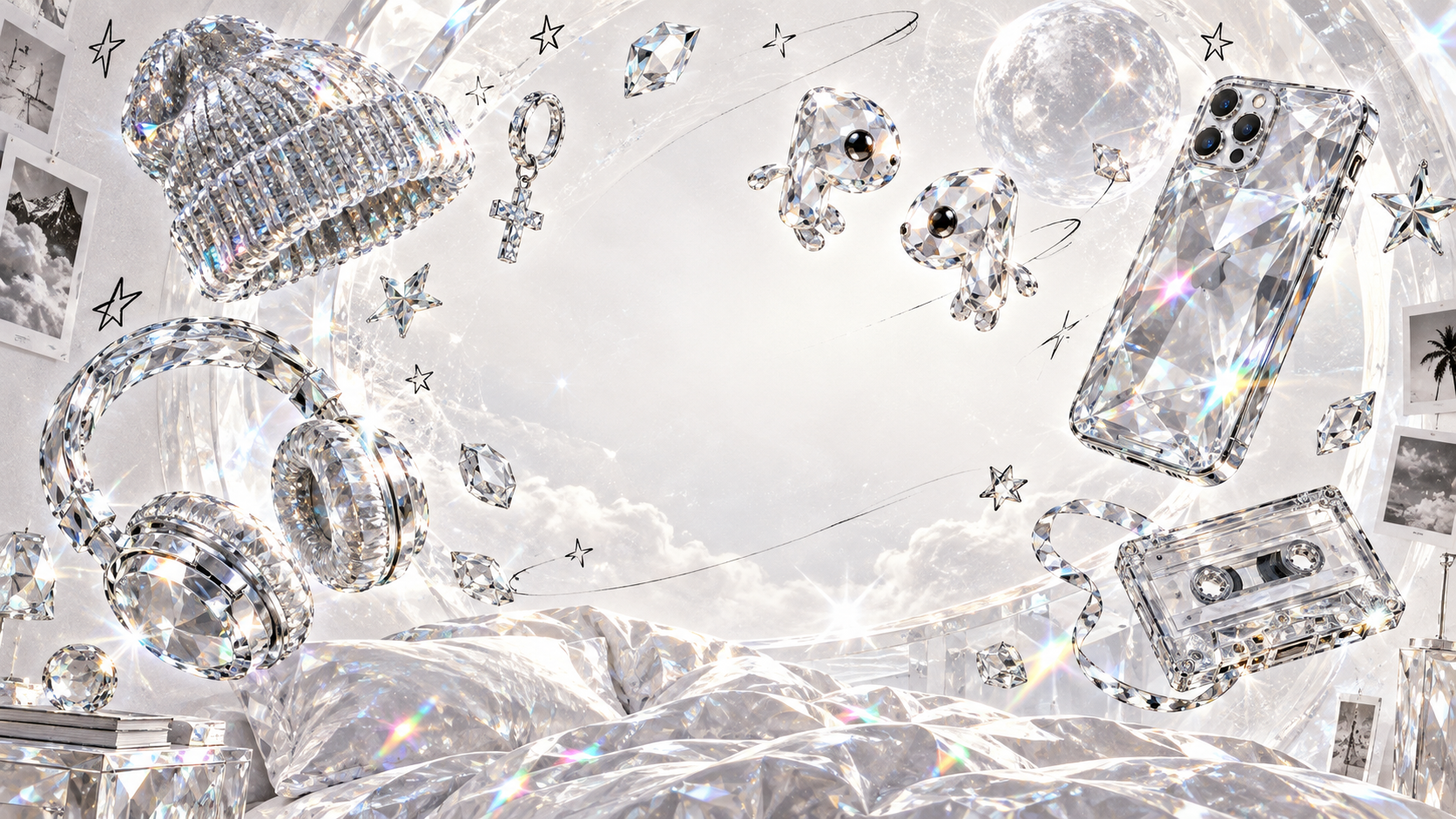 A surreal field of crystal headphones, phone, beanie, charms and P-shaped companions